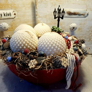 Karácsonyi antik leveses tál, gyertyával