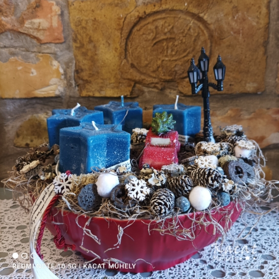 Karácsonyi antik leveses tál, gyertyával